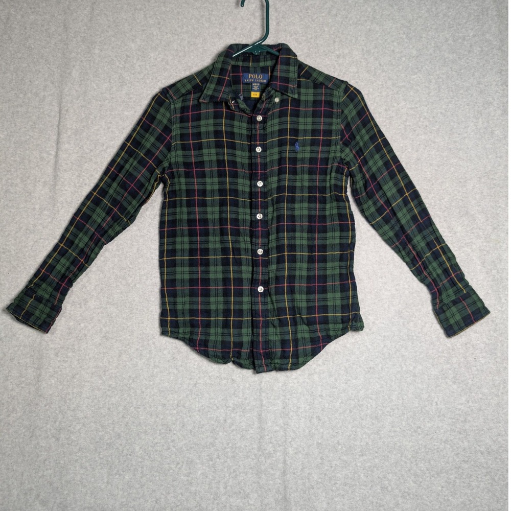 Polo Ralph Lauren Boys Green Plaid Button Down Shirt Long Sleeve Size M 10-12